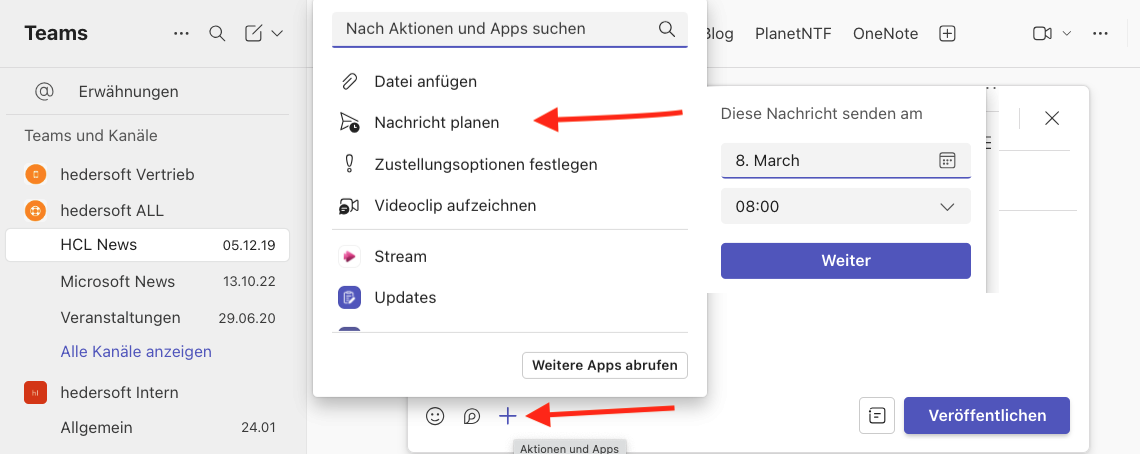 Nachrichten planen in Teams Kanal